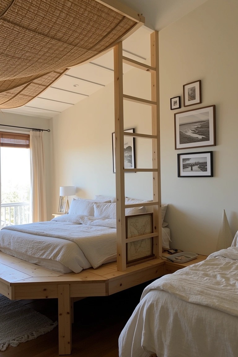 Coastal bedroom with raised wooden platform bed and ladder, white bedding, bamboo ceiling treatment, and beach art on walls