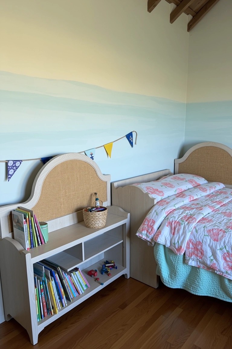 Coastal kids' bedroom featuring twin beds with rattan headboards and integrated open shelves stocked with books