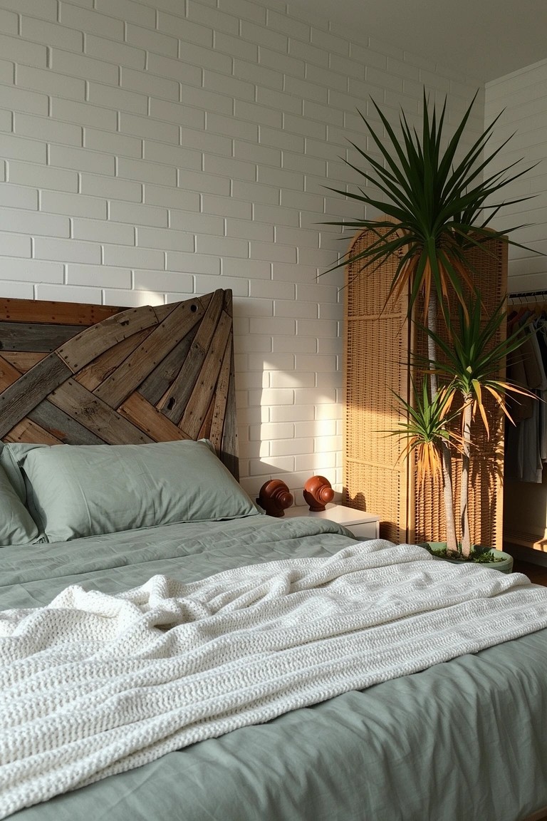 Cozy bedroom corner with reclaimed pallet wood headboard against white brick wall, sage green bedding draped with white knit throw, and tall yucca plant behind bamboo screen
