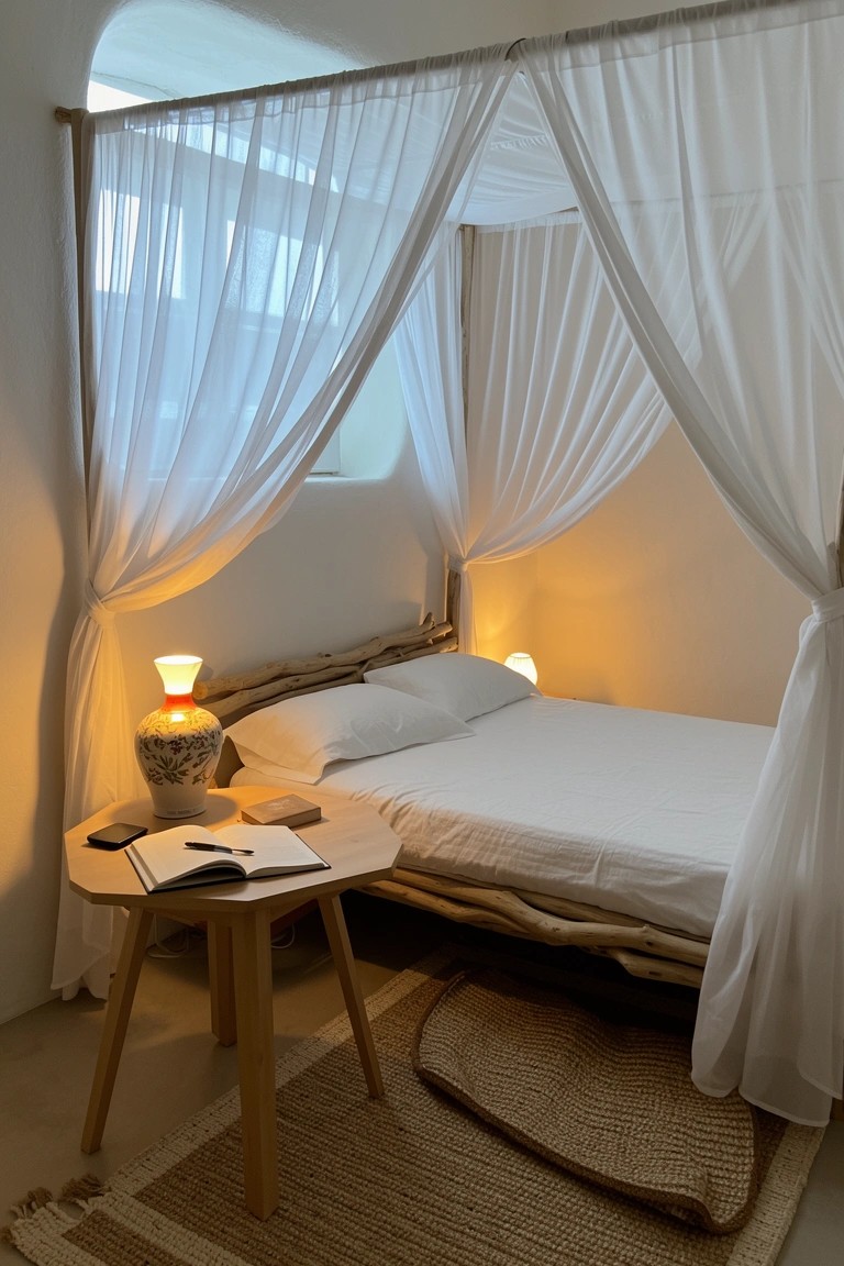 Bedroom with low wooden bed under sheer white canopy drapes, wooden side table, and rattan floor mat