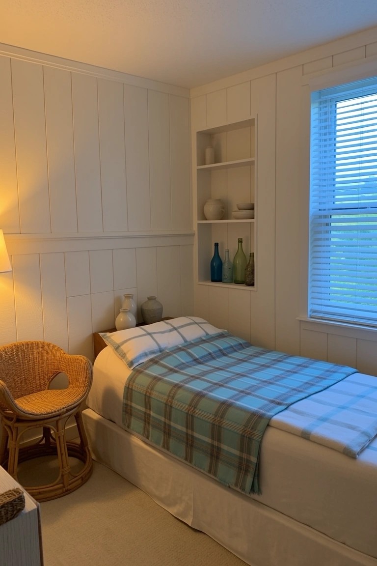 Coastal bedroom featuring white shiplap walls, built-in shelves with ceramics and glass bottles, single bed draped in blue plaid blanket, and rattan chair