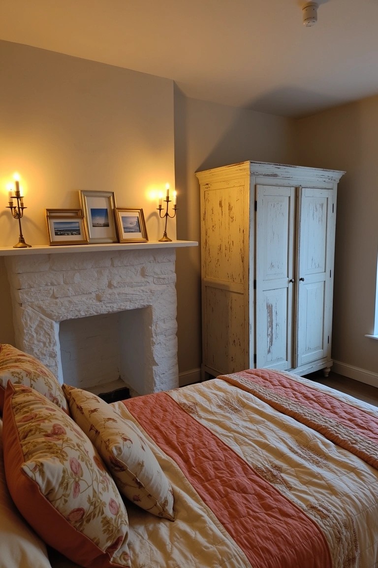 Coastal bedroom with tall distressed white wardrobe next to white brick fireplace and bed with soft orange bedding
