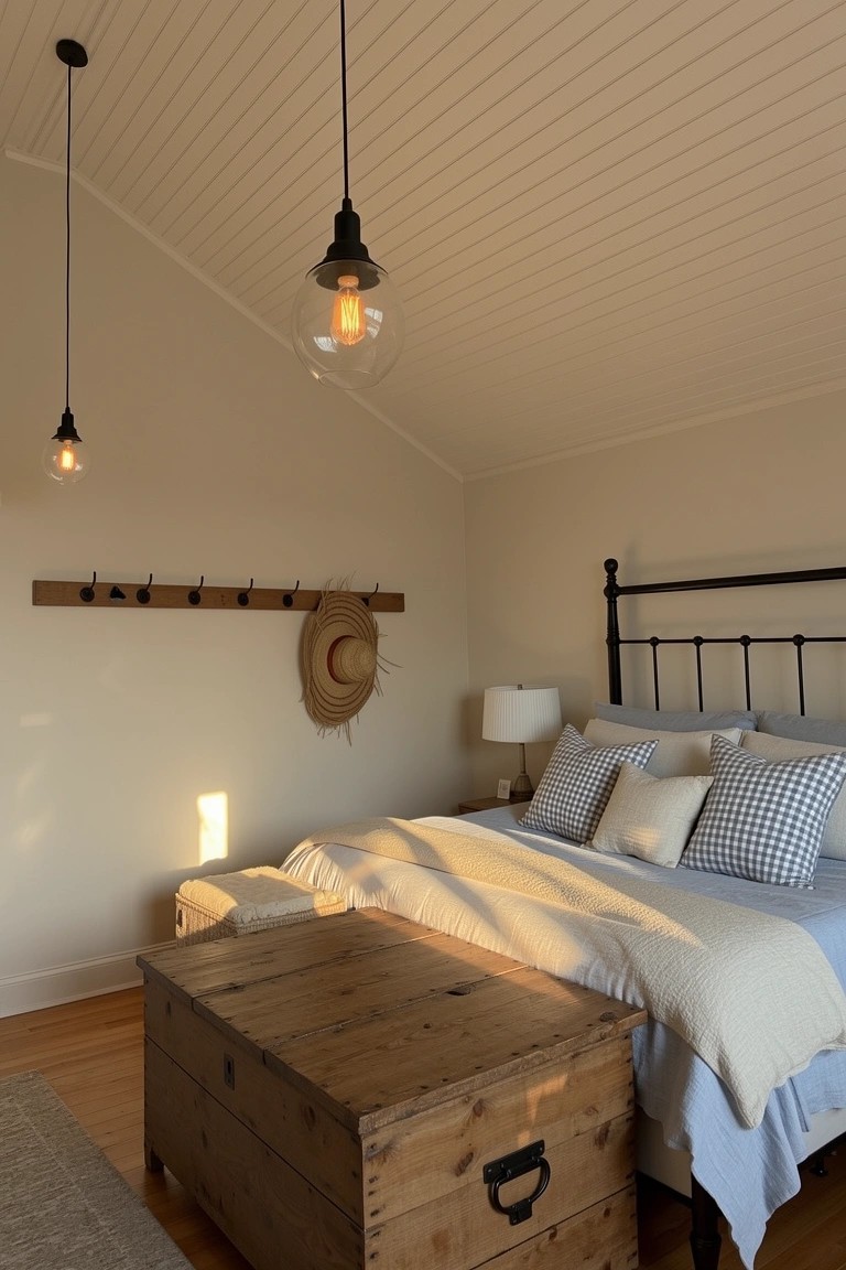 Coastal bedroom with rustic wooden trunk at foot of bed, black metal frame, white bedding, and vaulted ceiling
