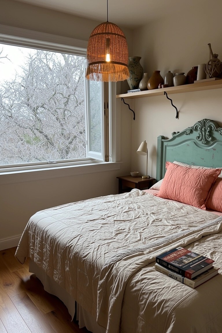 Cozy coastal bedroom with ornate teal painted headboard, neutral bedding, pink pillows, rattan pendant light, and pottery on open shelves beside a large window