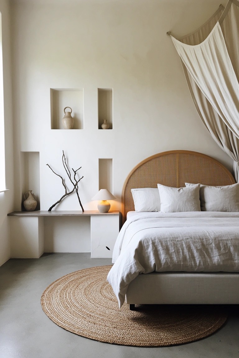 Coastal bedroom with light rattan headboard, white linens on bed, wall niches holding pottery and branches, round seagrass rug on floor