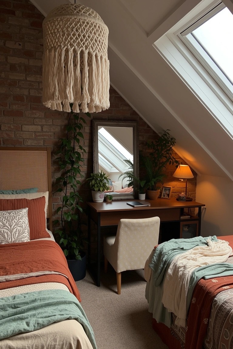 Cozy attic bedroom with slanted ceilings and skylights, exposed brick wall, macrame hanging lamp, potted plants, wooden desk area, and twin beds dressed in terracotta linens