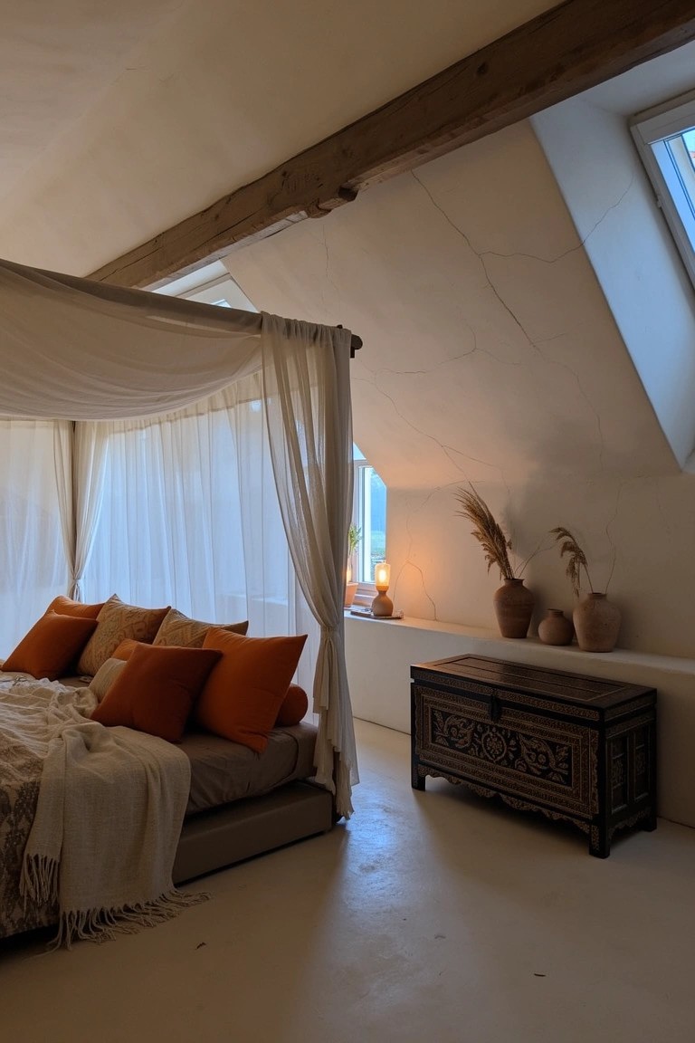 Attic bedroom with white sheer canopy bed, orange pillows, wooden chest, and potted dried grasses on shelf