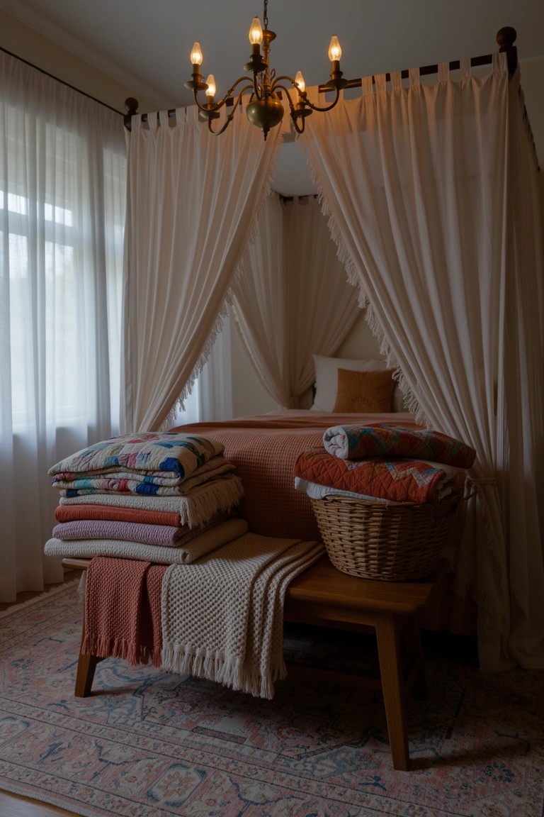 Cozy boho canopy bed with tall stack of colorful folded quilts and blankets on mattress and wooden bench at foot, sheer white drapes and warm chandelier light