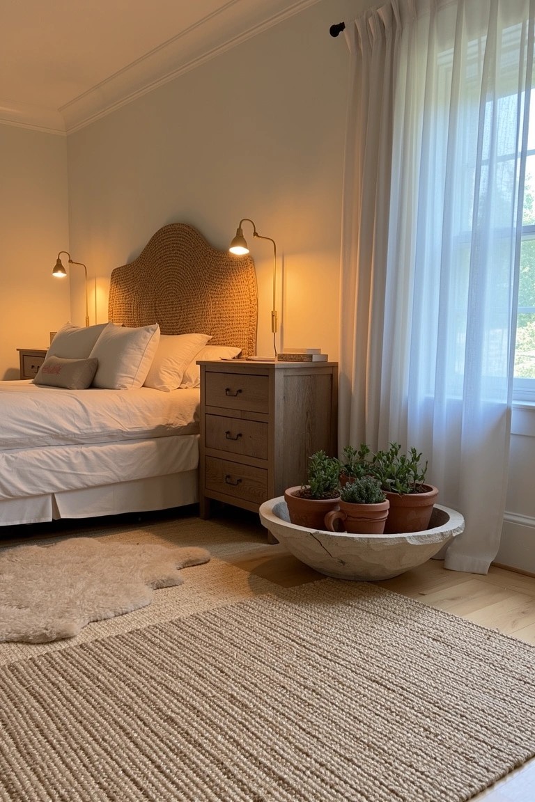 Bedroom corner with white bed and rattan headboard, wooden nightstand, cluster of succulents in terracotta pots on floor in white bowl, layered neutral rugs, sheer curtains