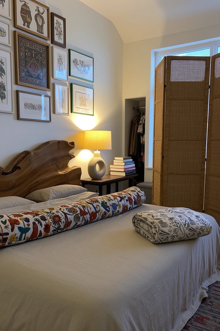 Cozy boho bedroom featuring a bamboo folding screen beside the bed, natural wood headboard, colorful patterned bolster pillow, and eclectic framed artwork on neutral walls