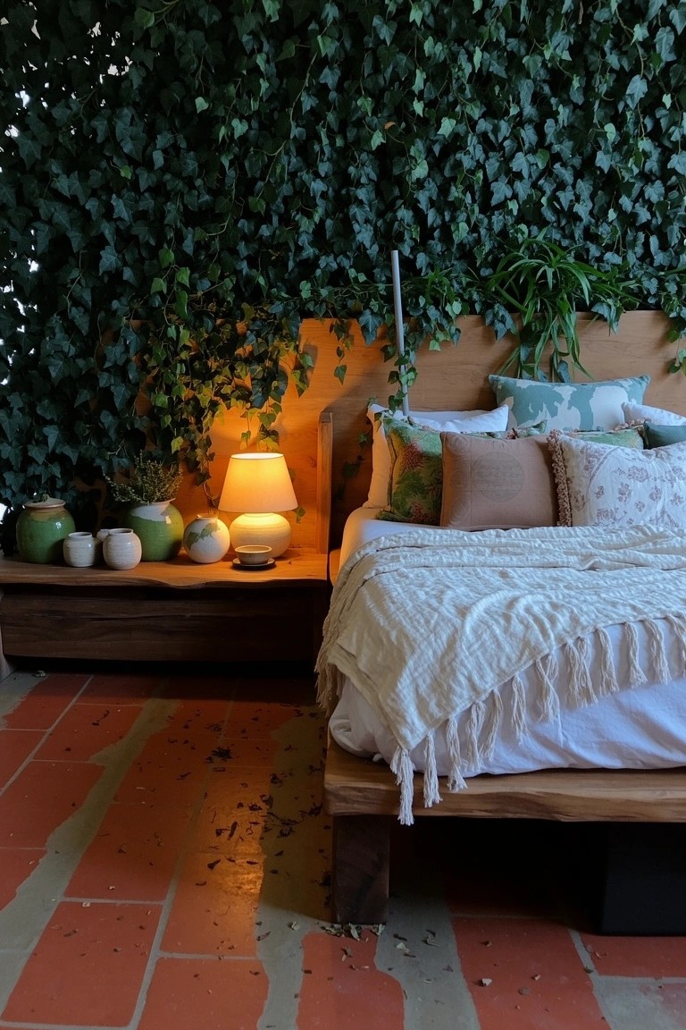 Bedroom with lush green ivy wall behind wooden bed, layered pillows, knit throw, and potted plants on nightstand