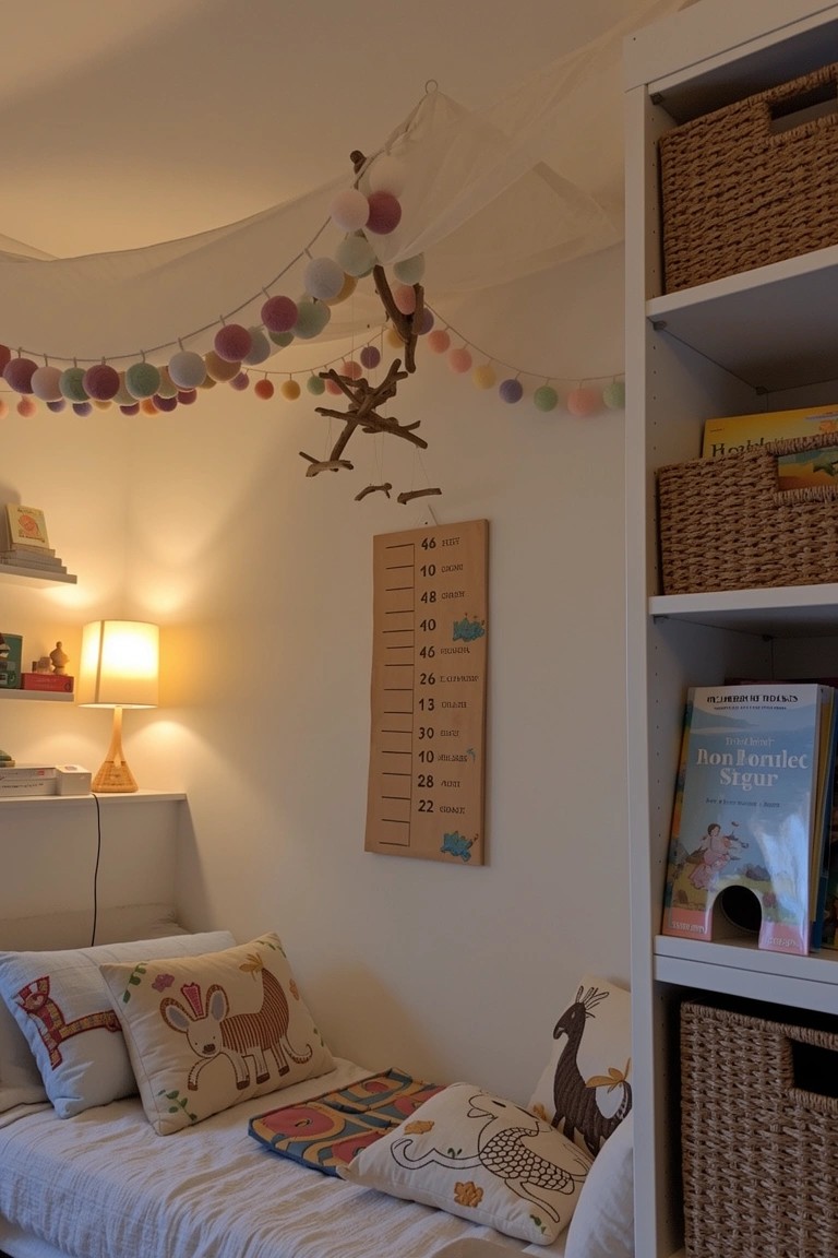 Cozy boho kids bedroom with wooden height chart on white wall, pom-pom garland hanging above, and wicker baskets on open shelves