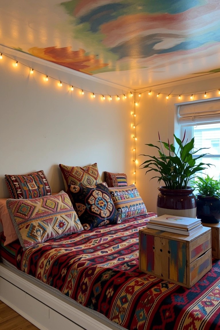 Cozy boho bedroom corner with low white platform bed topped by red-orange patterned bedding and eclectic pillows, potted plants, wooden crate nightstand, and string lights along beige walls under abstract painted ceiling