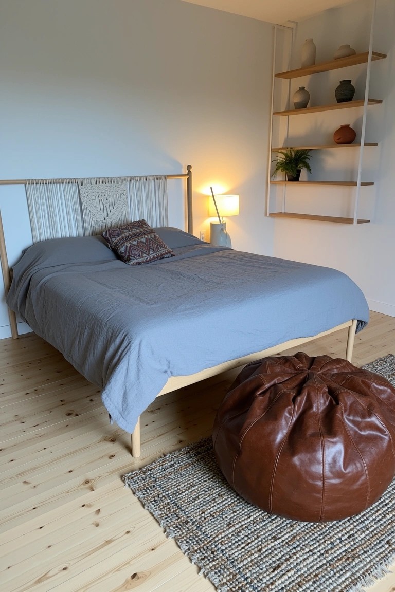 Cozy boho bedroom featuring a large brown leather pouf next to a wooden bed with gray bedding and macrame headboard