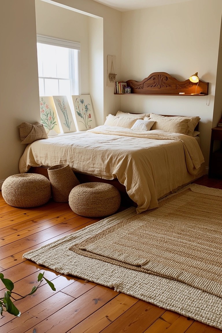 Cozy boho bedroom with a beige linen bed, carved wooden headboard, three woven poufs at the foot, seagrass rug, and botanical prints near a window