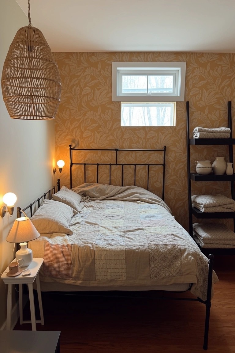 Cozy boho bedroom featuring a woven rattan pendant light over a black metal bed, warm leaf-patterned walls, bedside lamps, and open shelving with towels near a small window