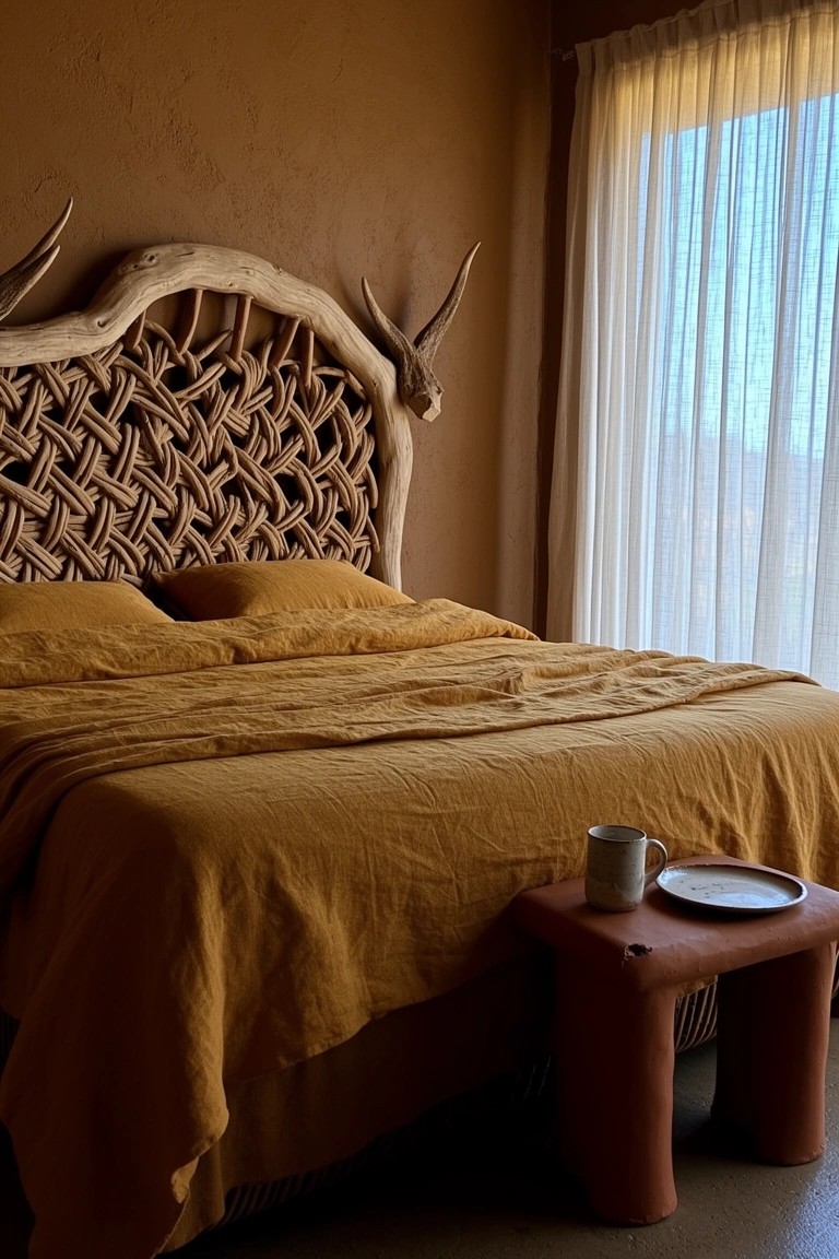 Boho bedroom with wooden headboard featuring antlers and braided rope against ochre walls, yellow bedding, sheer curtains, and terracotta side stool