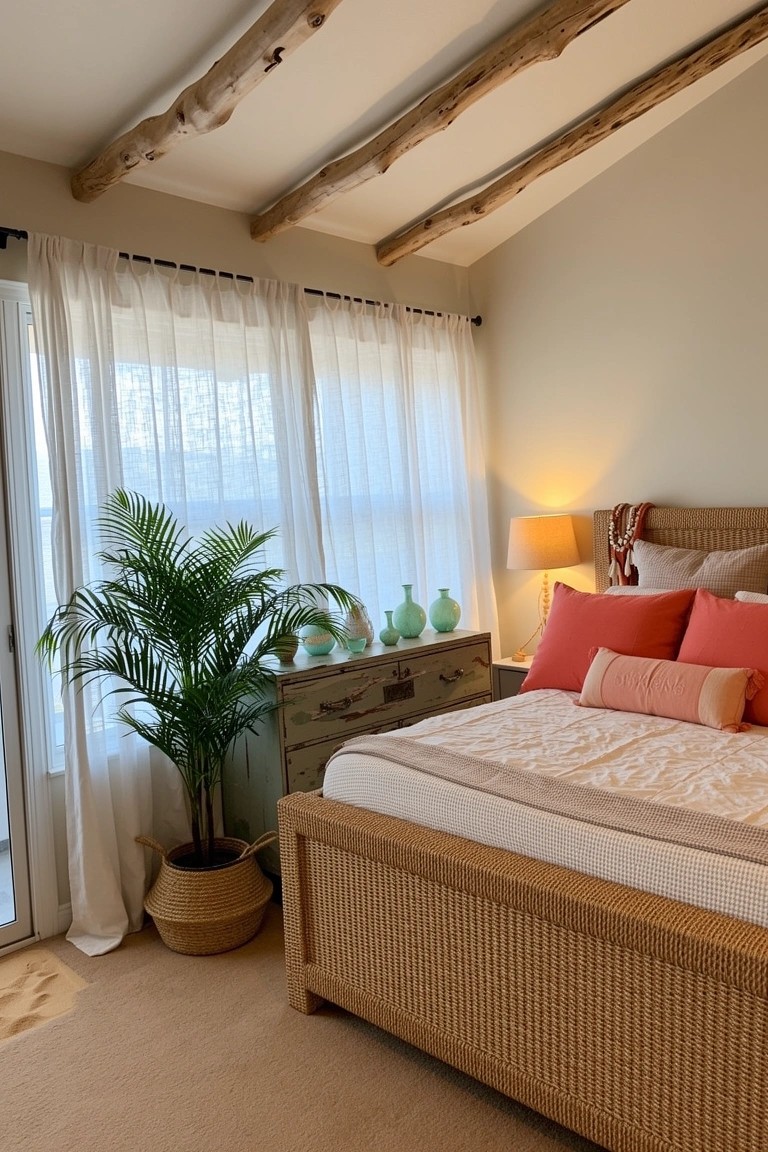 Cozy boho bedroom with rustic exposed wood ceiling beams, rattan bed frame, coral pillows, and potted palm near sheer-curtained windows