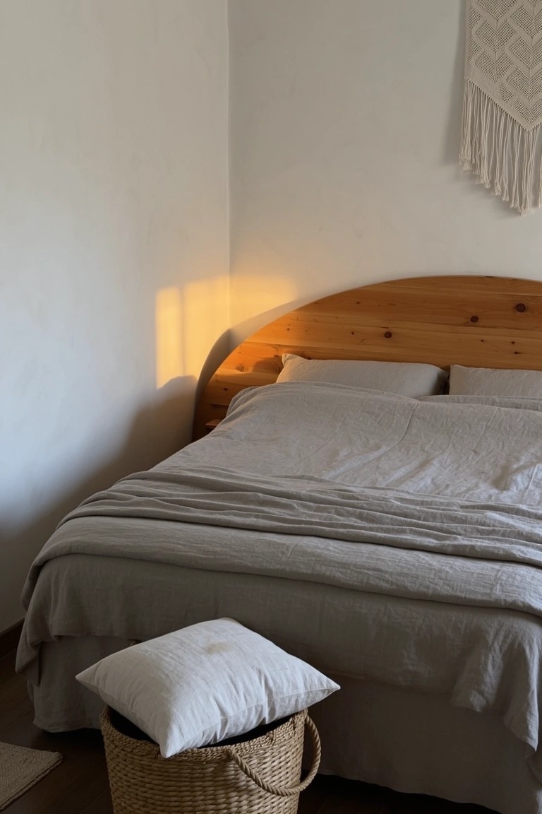 Cozy boho bedroom corner with arched natural wood headboard, gray linen bedding layers, macrame wall hanging, and woven storage basket