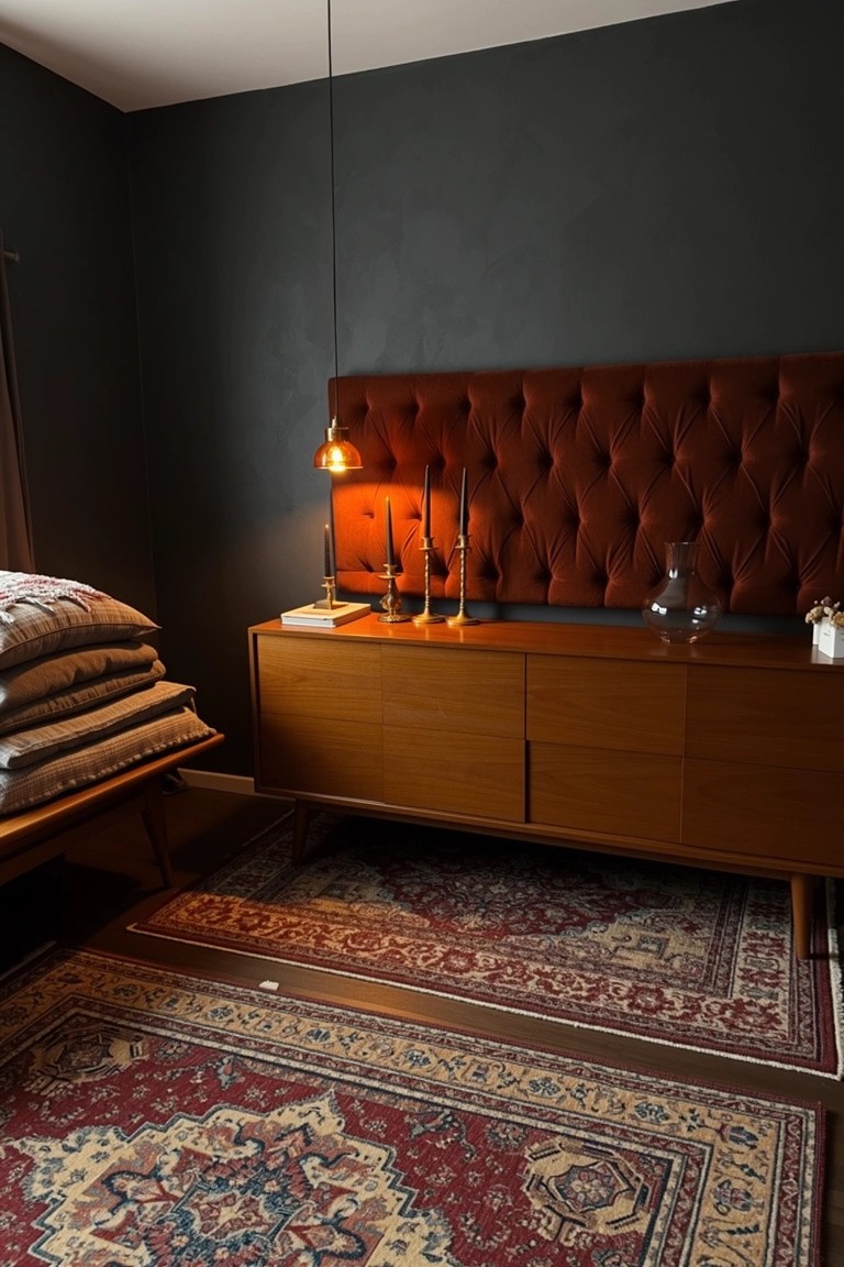 Cozy boho bedroom corner with rust tufted headboard on wooden frame, low wooden dresser nightstand holding brass candlesticks and books, stacked gray blankets, and red patterned rug against dark wall