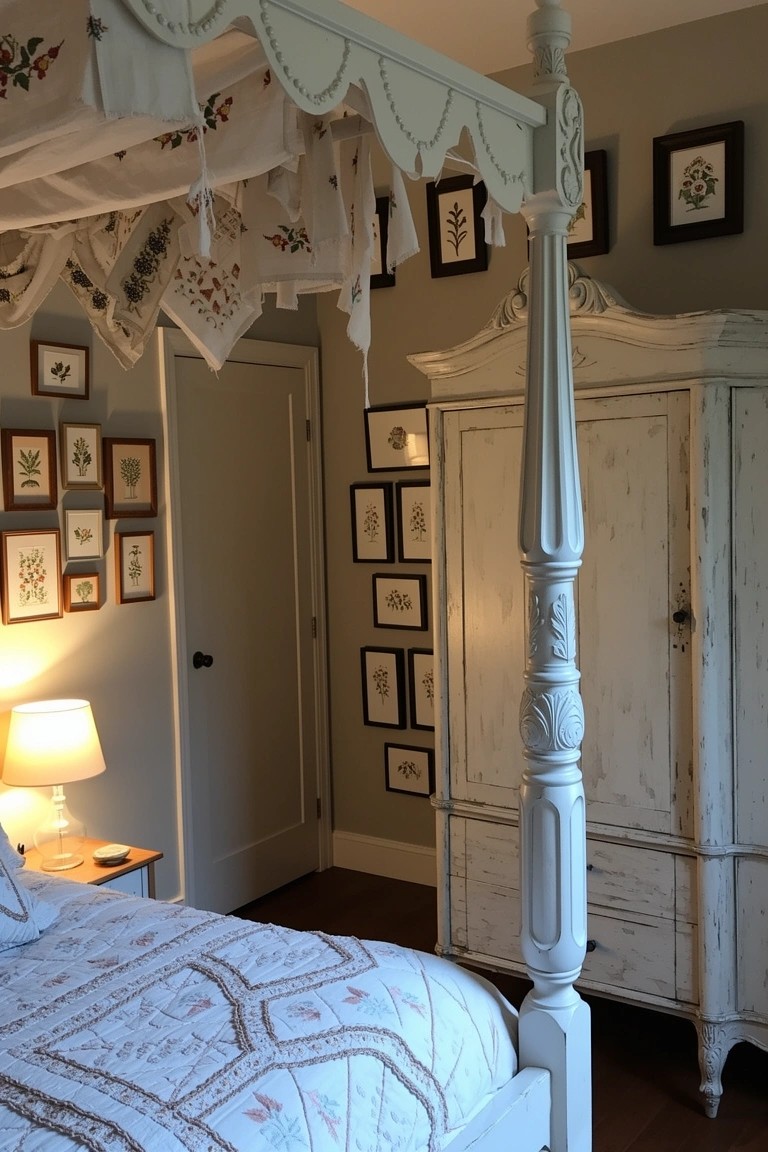White canopy bed with draped fabrics and matching armoire in a cozy bedroom with botanical wall prints