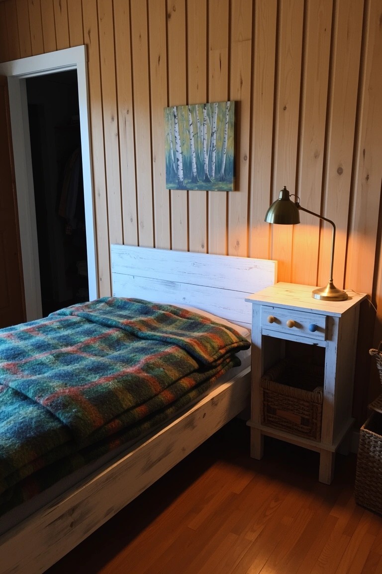 Cozy small bedroom with vertical wood-paneled walls, simple white bed draped in multicolored plaid blanket, brass desk lamp on nightstand, and birch tree painting