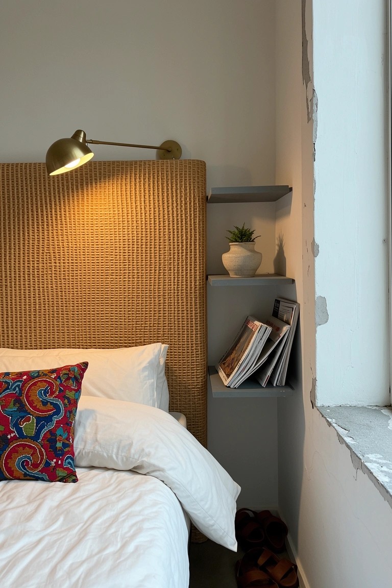 Warm orange woven headboard with brass swing-arm wall lamp overhead, adjacent gray floating shelf holding plant and magazines, white bedding and colorful pillow in cozy bedroom corner