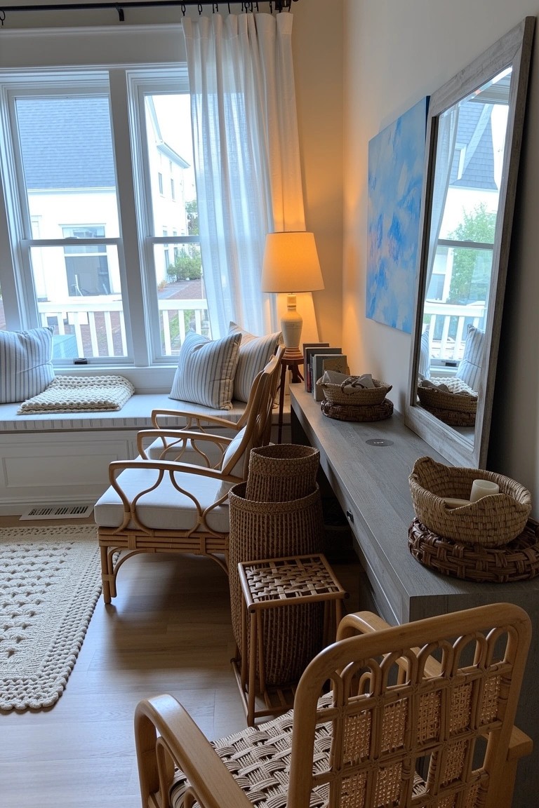 Bay window nook with built-in cushioned bench piled with pillows and blankets, flanked by rattan armchairs, woven storage baskets on a console table, sheer curtains, and a lamp in a light beige room