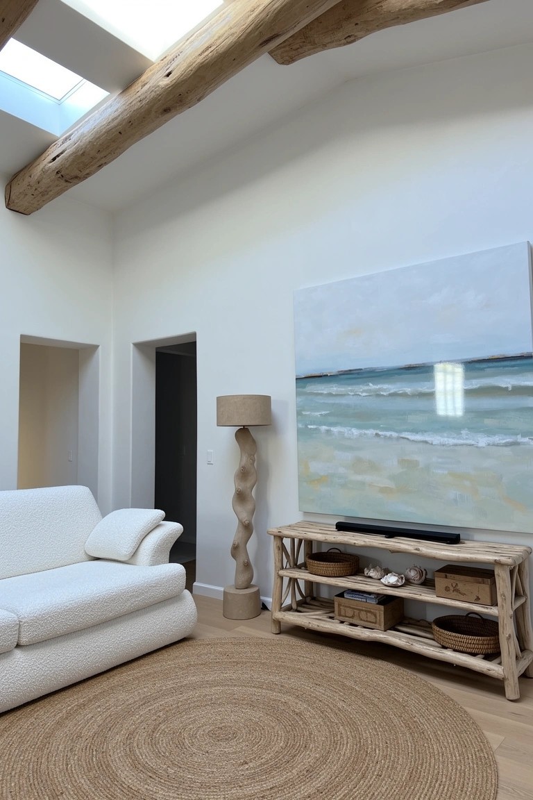 Living room with exposed wooden beams, skylight, large abstract seascape painting over rustic wood console with TV, woven baskets, and shells, white sofa on round seagrass rug