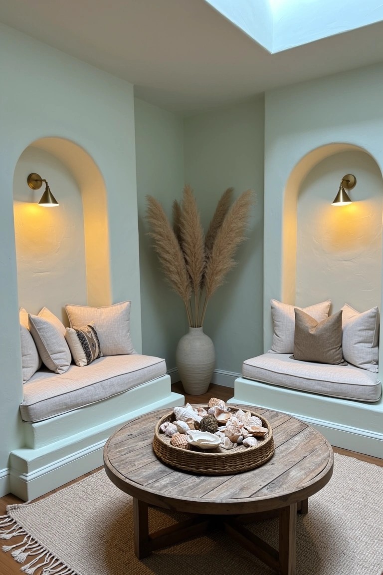 Cozy coastal boho corner with symmetrical arched niches lit by sconces, built-in cushioned benches, pampas grass, and round table holding seashells