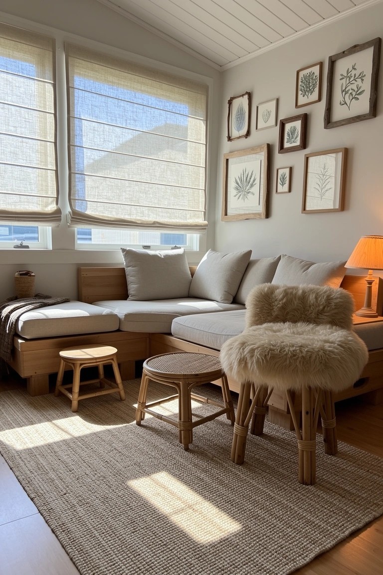 Light-filled nook with wooden built-in bench, beige cushions, rattan stools, sheepskin pouf, and botanical frames on pale walls