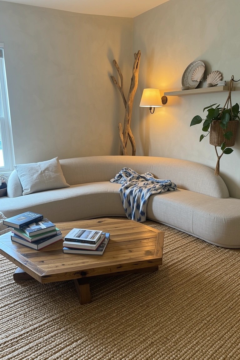 Cozy living room corner featuring a curved plush white sofa, hexagonal wooden coffee table with stacked books, and beige jute rug