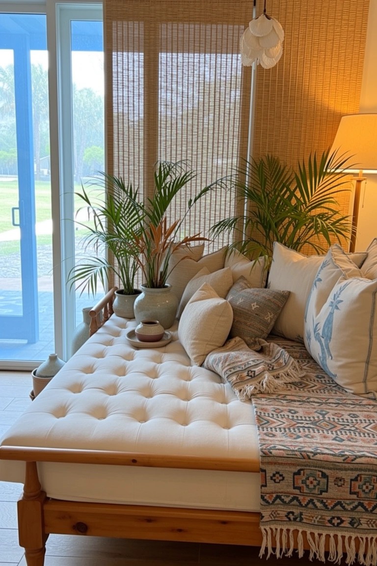 Low wooden daybed with tufted white upholstery, layered pillows, colorful throw blanket, and potted plants near bamboo blinds and sliding doors