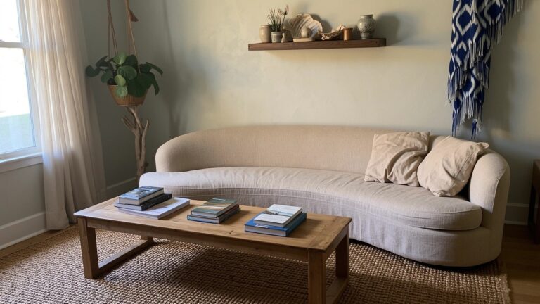 Cozy living room corner featuring a curved plush white sofa, hexagonal wooden coffee table with stacked books, and beige jute rug