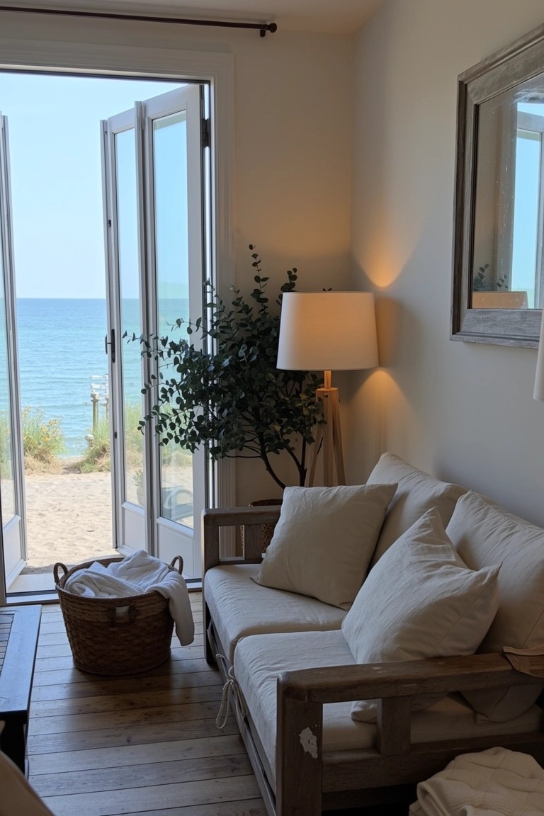 Neutral sofa with blankets and basket in light coastal living room, open doors to beach path and ocean