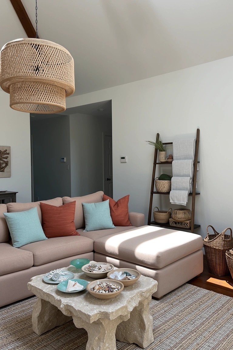 Cozy coastal boho living room with low rustic stone coffee table holding shells and bowls, neutral sofa with colorful pillows, rattan pendant light, and ladder shelf nearby