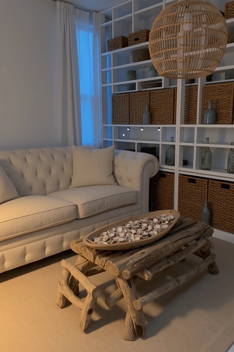 Rustic low wooden coffee table with shells in a bowl, in front of a white tufted sofa, with open white shelves and rattan lighting in a neutral living room