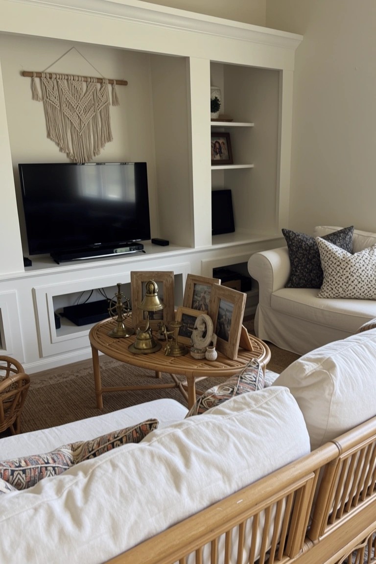 White slipcovered sofa with patterned pillows in a coastal boho living room, paired with rattan chairs around a round wooden coffee table.