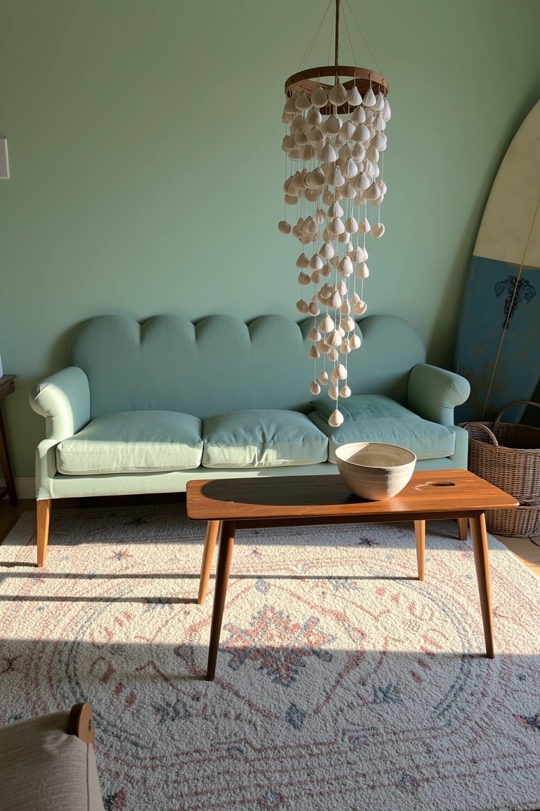 Mint green tufted sofa under shell chandelier in cozy coastal boho living room with wooden table and surfboard