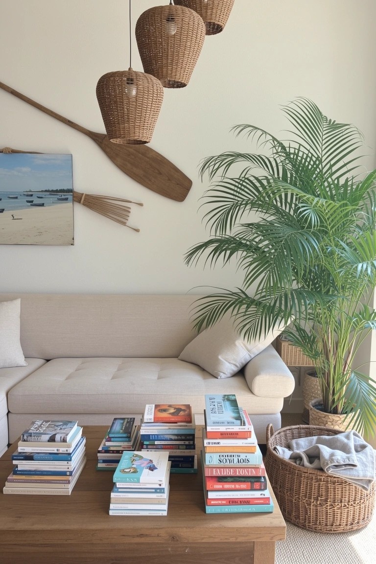 Wooden coffee table with casual stacks of assorted books in a neutral living room with sofa and plants