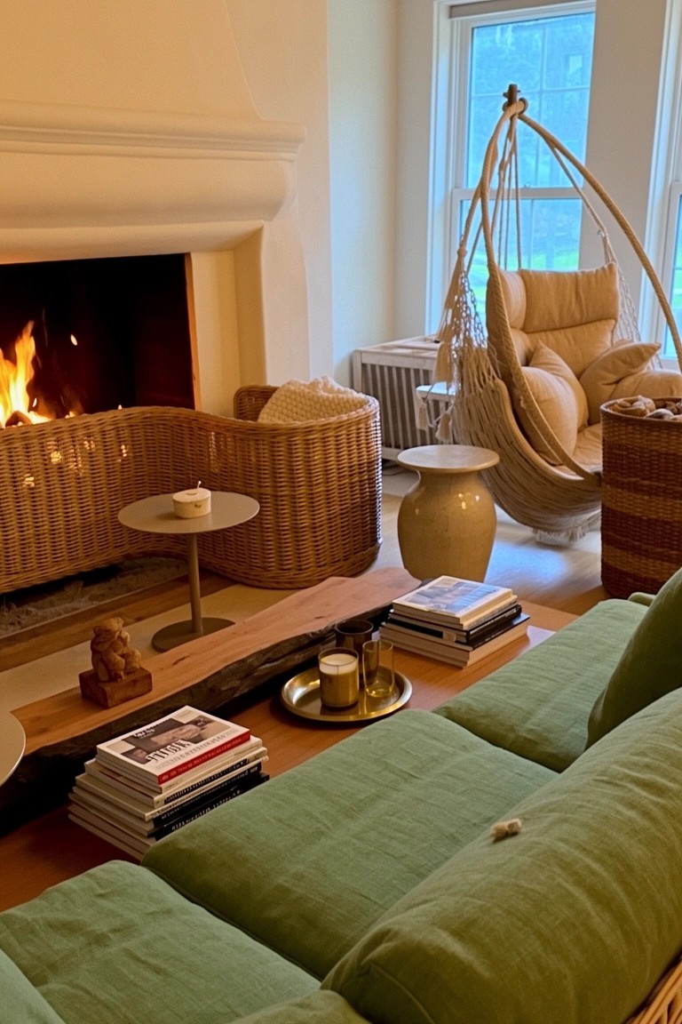 Living room corner with beige stone fireplace, curved wicker chairs, live-edge wood coffee table, green modular sofa, and beige hanging egg chair.
