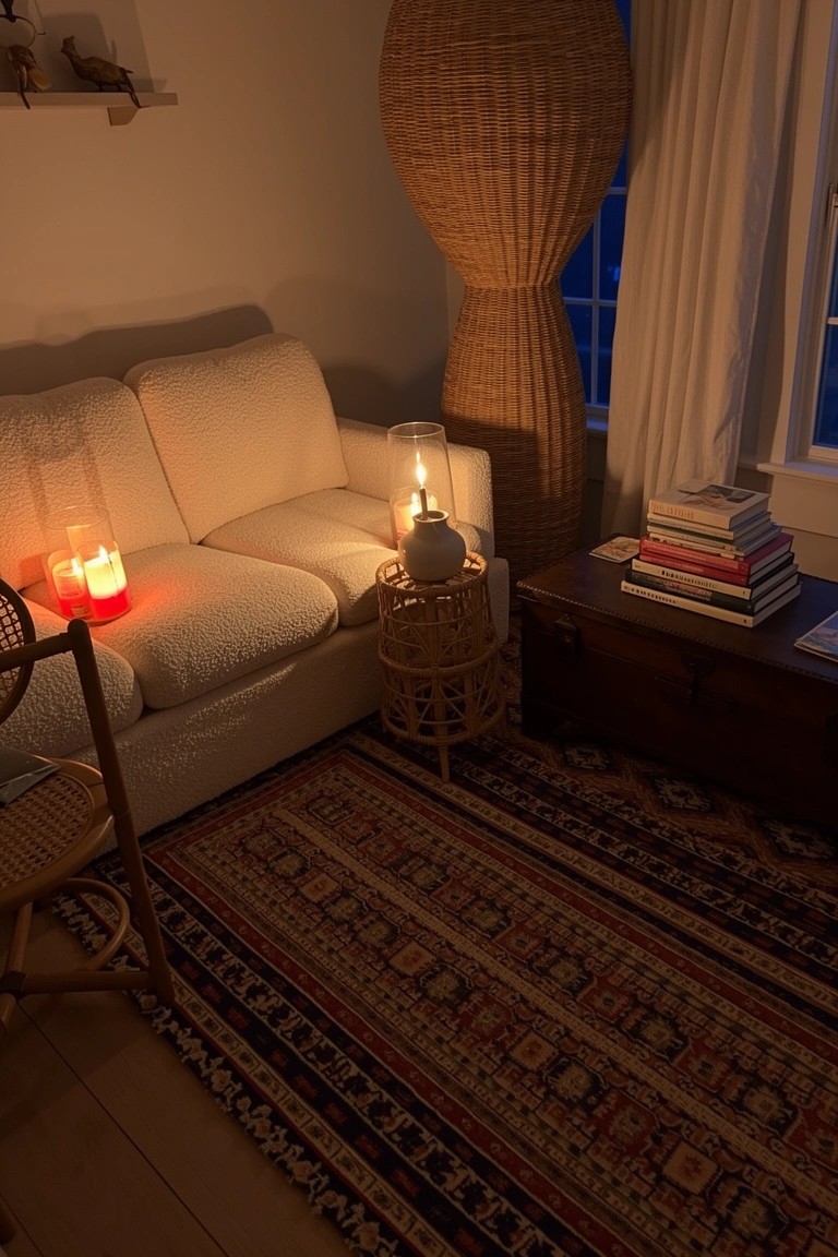 Cozy living room corner with cream bouclé sofa, tall rattan floor lamp, rattan side table holding candles and books, rattan chair, wooden dresser, and patterned rug