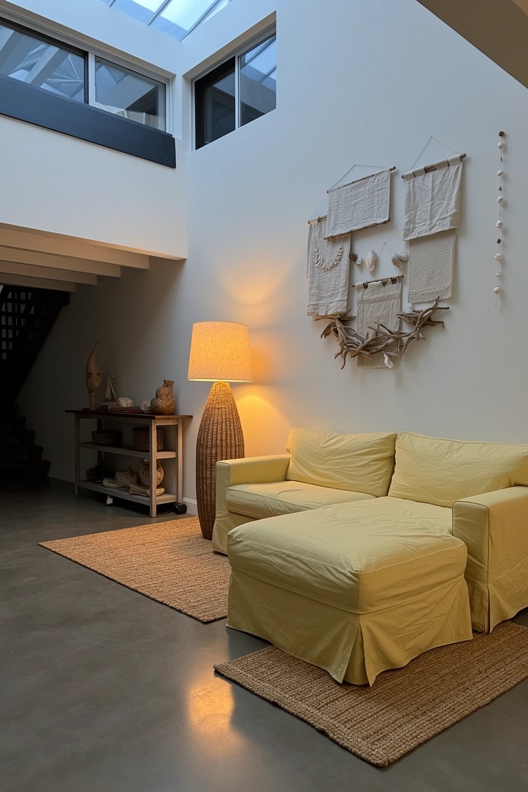 Pale yellow slipcovered L-shaped sofa and ottoman beside tall rattan floor lamp in airy atrium living room with woven shell wall hangings, seagrass rug on polished concrete floor