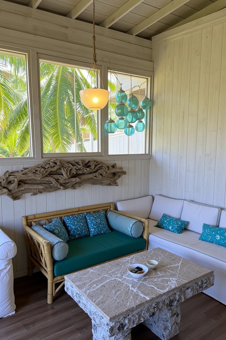 Cozy bamboo loveseat with teal pillows next to a white sofa in a tropical white-walled lounge with driftwood decor and palm views