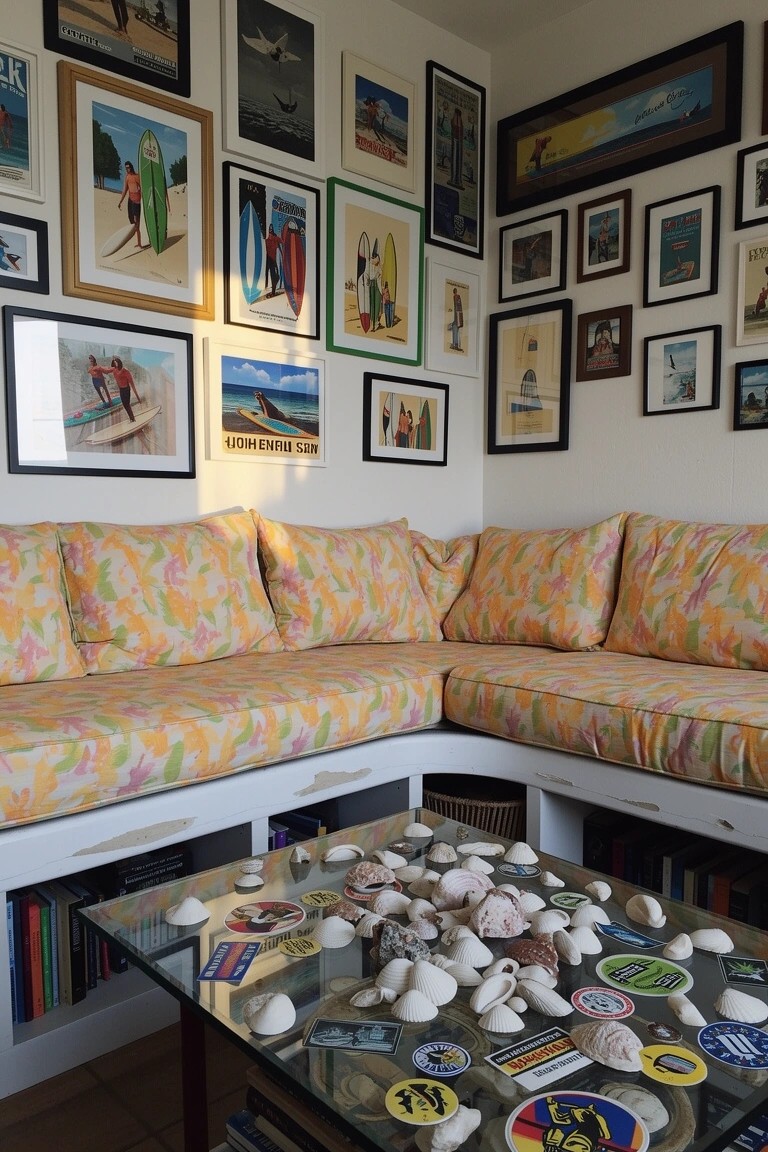 Cozy living room corner with orange floral L-shaped sofa, walls covered in surf and beach photo frames, and glass coffee table topped with seashells