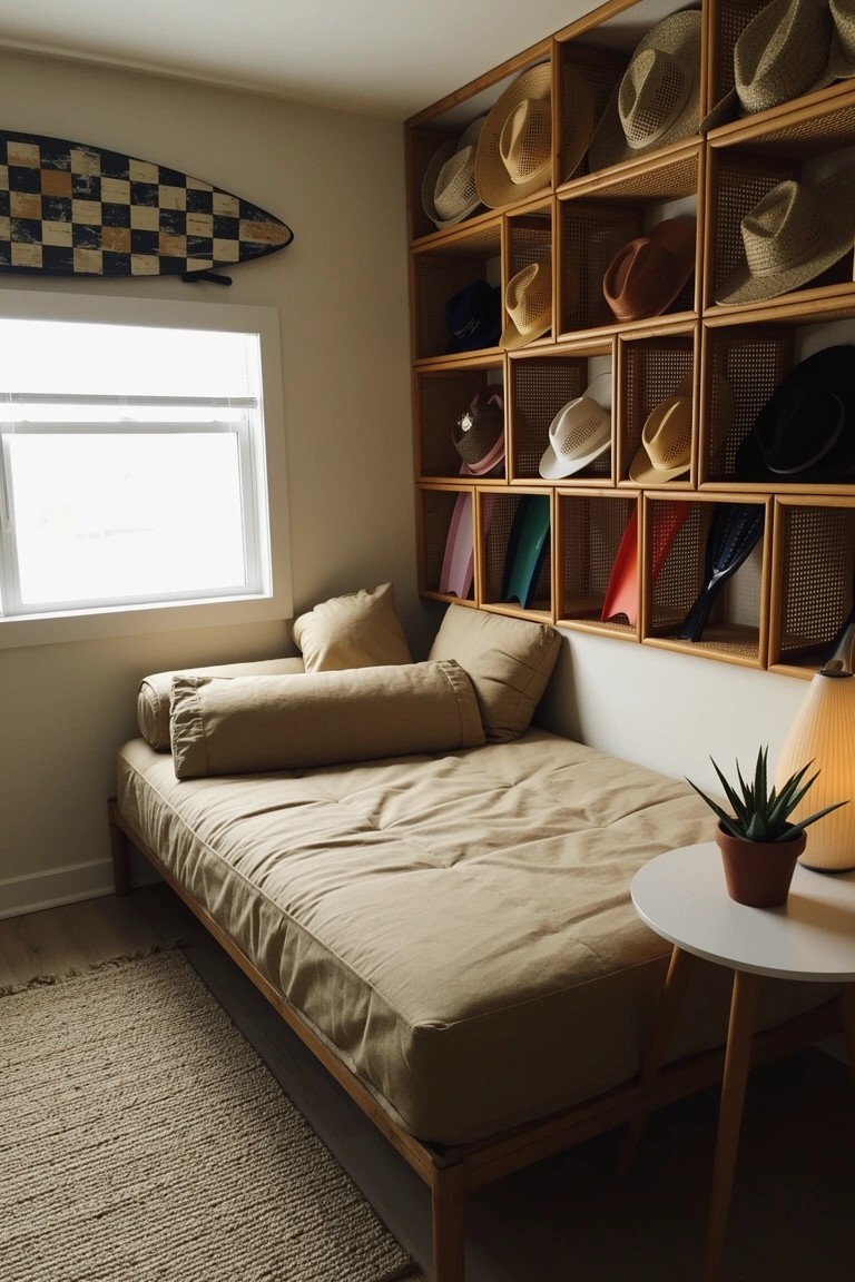 Wooden open shelves packed with various hats above a low beige daybed, checkered surfboard on wall, in a light-filled cozy room