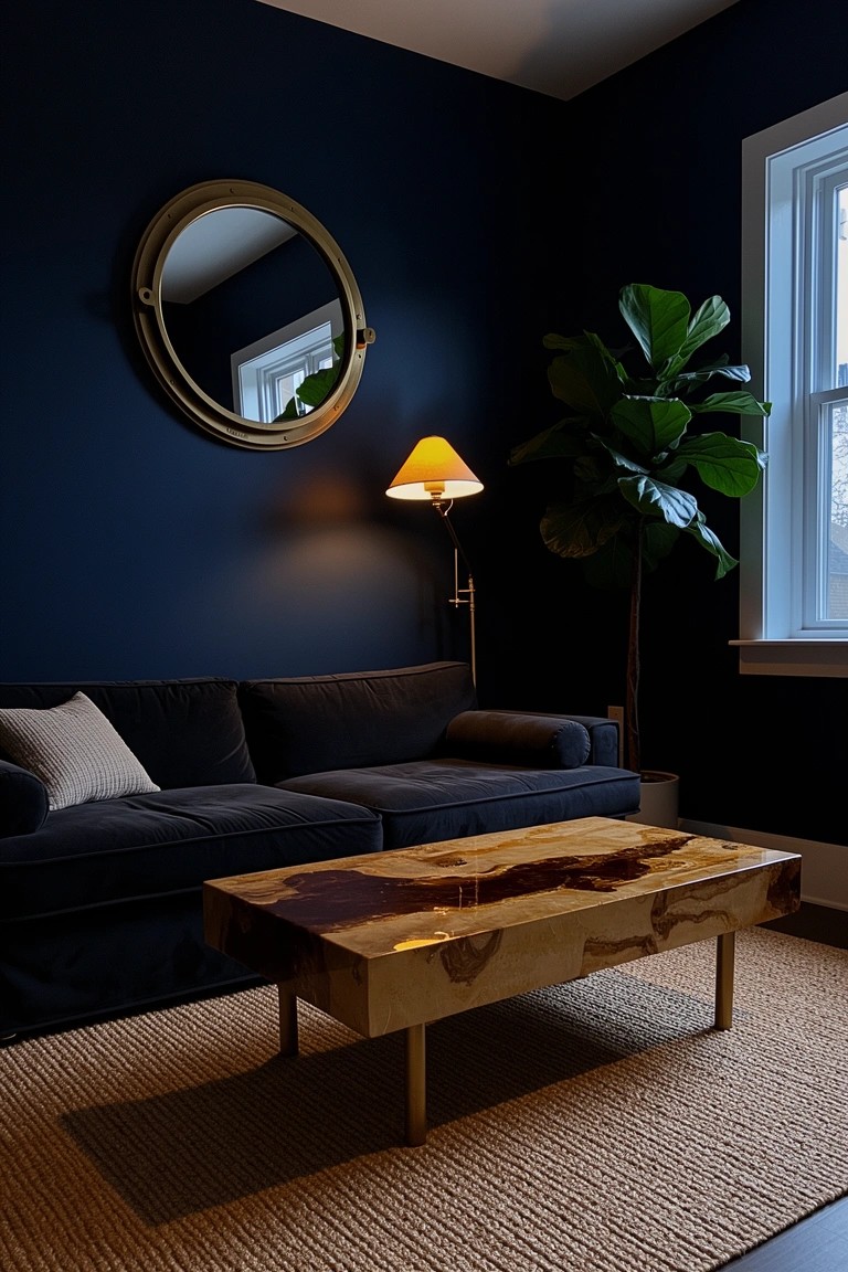 Wooden coffee table with turquoise epoxy resin river on dark blue living room rug, navy sofa nearby