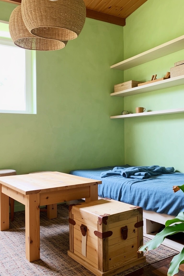 Cozy light green room with low wooden table, storage chest, platform bed, open shelves, woven pendant lights, and potted plants