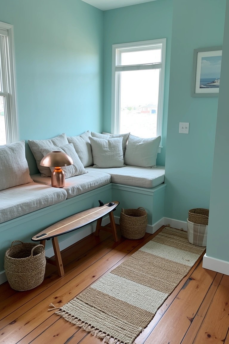 Cozy corner window seat in turquoise room with white cushions, propped surfboard, wooden stool, wicker baskets, and copper lamp