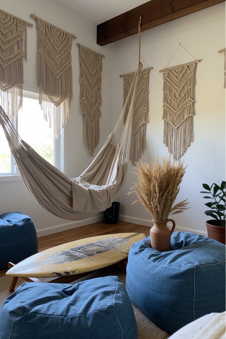 Living room corner with surfboard on low table, blue bean bags, hanging hammock, macrame wall hangings, and pampas grass vase